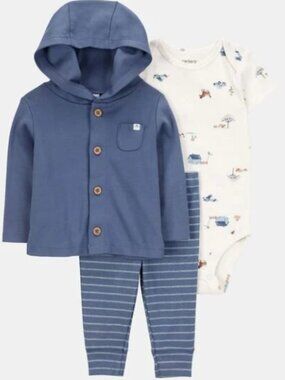 NWT Carter’s Baby Boy Barn Print 3-Piece Cardigan Set Navy Blue Outfit Set